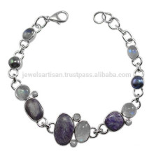 Natural Charoite Pearl Rainbow Moonstone with 925 Sterling Silver Designer Bracelet Jewelry